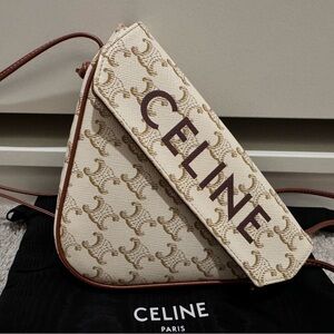 Authentic Celine Triomphe Canvas Triangle Crossbody Bag White Tan